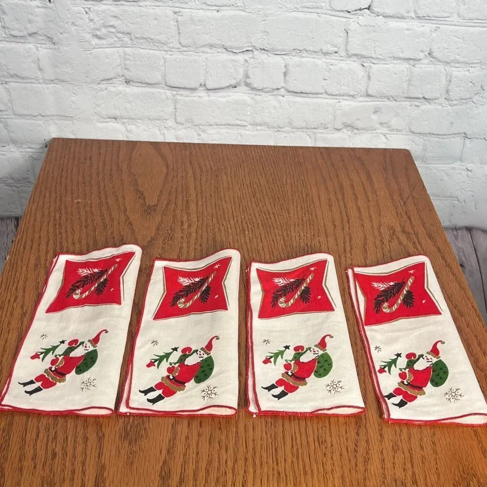 Antique Festive MCM Holiday Napkins set of 4 Red, Green, Gold in retro designs